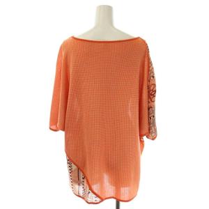 HERMES モザイク柄切替シルクドルマンニット カットソー 五分袖 クルーネック プルオーバー 42 オレンジ 