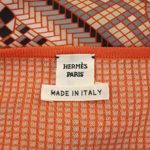 HERMES モザイク柄切替シルクドルマンニット カットソー 五分袖 クルーネック プルオーバー 42 オレンジ 