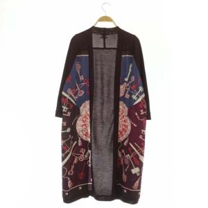 HERMES ツイルレーヌ 鍵柄 ロングカーディガン ニット 切替 九分袖 バーガンディ ボルドー ダークブルー