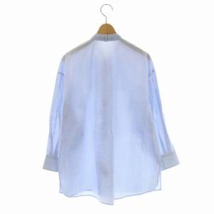 VALENTINO ビーズレース装飾ストライプシャツ ブラウス 長袖 バンドカラー コットン 36 ライトブルー