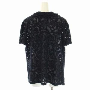 CHANEL CCロゴ×カメリアシアーフリルハーフスリーブカーデ ニット 半袖 Vネック 46 ネイビー ブラック