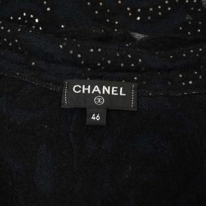 CHANEL CCロゴ×カメリアシアーフリルハーフスリーブカーデ ニット 半袖 Vネック 46 ネイビー ブラック
