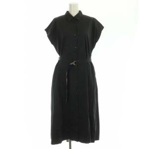シャツワンピース ロング フレンチスリーブ ベルト付き 38 黒 ブラック