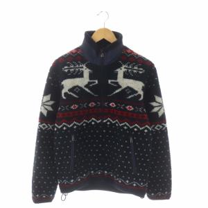 ノルディック柄ボアブルゾン ジャケット ショート ジップアップ S 紺 赤 オフホワイト