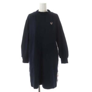 チェック切替 カットソー ワンピース ミニ チュニック 長袖 38 紺 ネイビー