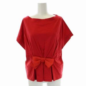 リボン 半袖 カットソー Tシャツ ボートネック ギャザー 40 赤 レッド