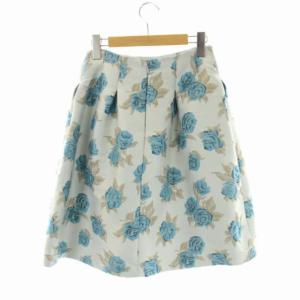 M'S GRACY ジャガード 花柄 タックスカート フレア ひざ丈 38 ライトブルー グレージュ