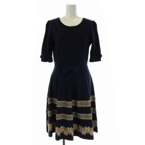 リボン レース模様 五分袖 ニットワンピース フレア ひざ丈 38 紺 ネイビー ベージュ
