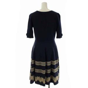 M'S GRACY リボン レース模様 五分袖 ニットワンピース フレア ひざ丈 38 紺 ネイビー ベージュ
