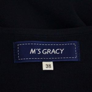 M'S GRACY リボン レース模様 五分袖 ニットワンピース フレア ひざ丈 38 紺 ネイビー ベージュ