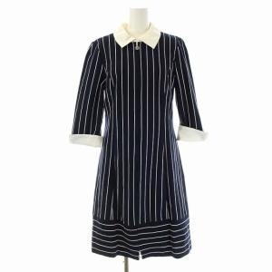 ジップアップ ストライプ 長袖 ワンピース ミモレ丈 ロング 40 紺 白 ネイビー ホワイト