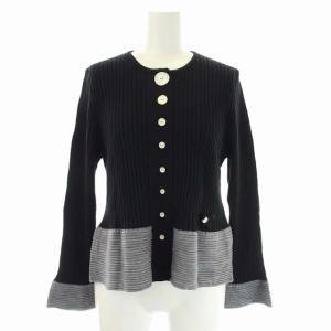 21年 ウール混バイカラーニットカーディガン 長袖 リブ クルーネック 40 黒 ブラック グレー