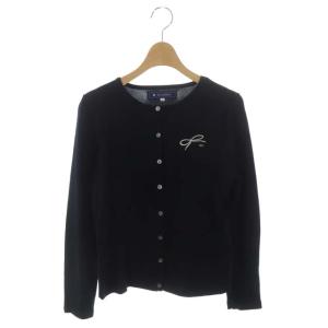 リボン刺繍長袖カーディガン ニット クルーネック ウール 40 濃紺 ダークネイビー オフホワイト