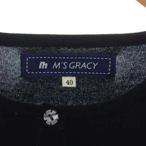 M'S GRACY リボン刺繍長袖カーディガン ニット クルーネック ウール 40 濃紺 ダークネイビー オフホワイト