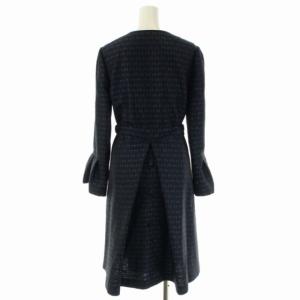 M'S GRACY リボン総柄グログランテープノーカラーコート ロング ジップアップ 薄手 38 黒 ブラック 紺 ネイビー