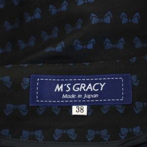 M'S GRACY リボン総柄グログランテープノーカラーコート ロング ジップアップ 薄手 38 黒 ブラック 紺 ネイビー