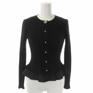 ビジューボタングログラン裾リブニットカーディガン 長袖 クルーネック パール フリル 38 黒 ブラック