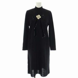 カメリアリボンスパンコール刺繍ニットドレス ワンピース ロング 長袖 ボトルネック ウール 40 黒 ブラック オフホワイト