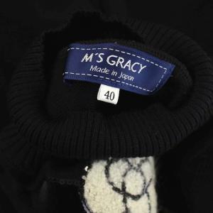 M'S GRACY カメリアリボンスパンコール刺繍ニットドレス ワンピース ロング 長袖 ボトルネック ウール 40 黒 ブラック オフホワイト