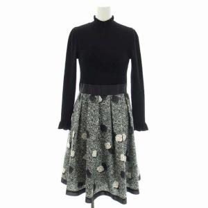 カメリアモチーフニットコンビワンピース ロング 長袖 ボトルネック リボン ウール 36 黒 ブラック マルチカラー