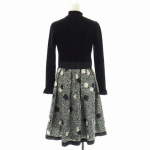 M'S GRACY カメリアモチーフニットコンビワンピース ロング 長袖 ボトルネック リボン ウール 36 黒 ブラック マルチカラー