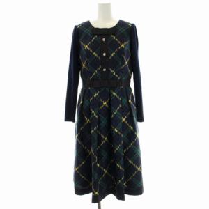 22AW 大判チェックニットスリーブグログランテワンピース ロング 長袖 リボン 36 ネイビー