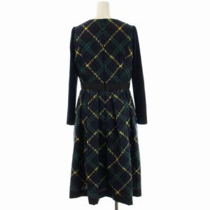 M'S GRACY 22AW 大判チェックニットスリーブグログランテワンピース ロング 長袖 リボン 36 ネイビー