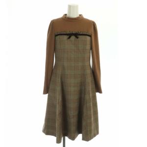 ワンピース ウール混 長袖 フレア 膝丈 チェック リボン ハイネック 36 茶 ブラウン