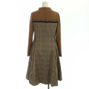M'S GRACY ワンピース ウール混 長袖 フレア 膝丈 チェック リボン ハイネック 36 茶 ブラウン