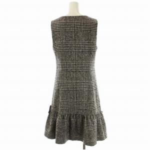 M'S GRACY グレンチェックリボンウールシルクノースリーブワンピース ロング Vネック 38 茶色 ベージュ オフホワイト