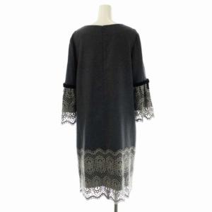 M'S GRACY ウール裾レースワンピース ロング 八分袖 リボン 刺繍 38 グレー 黒 ブラック