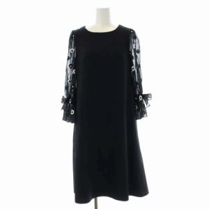 21SS フラワーモチーフ刺繍リボンスリーブワンピース 膝丈 長袖 シアースリーブ 36 黒 ブラック 白 ホワイト