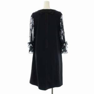 M'S GRACY 21SS フラワーモチーフ刺繍リボンスリーブワンピース 膝丈 長袖 シアースリーブ 36 黒 ブラック 白 ホワイト