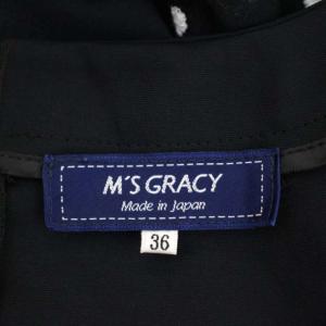 M'S GRACY 21SS フラワーモチーフ刺繍リボンスリーブワンピース 膝丈 長袖 シアースリーブ 36 黒 ブラック 白 ホワイト