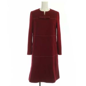 リブニットスリーブワンピース ウール ステッチ 長袖 Aライン 膝丈 36 赤 レッド