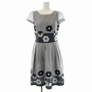 フラワーモチーフ 半袖 ワンピース 膝丈 36 グレー マルチカラー