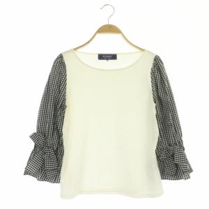 ギンガムチェックリボンスリーブカットソー 七分袖 切替 リボン コットン 38 白 黒 ホワイト ブラック