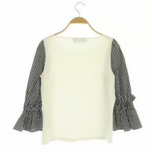 M'S GRACY ギンガムチェックリボンスリーブカットソー 七分袖 切替 リボン コットン 38 白 黒 ホワイト ブラック