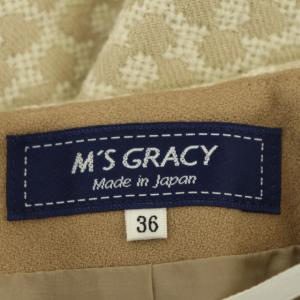 M'S GRACY フラワージャガード 膝丈タックスカート フレア ウール混 36 ベージュ オフホワイト