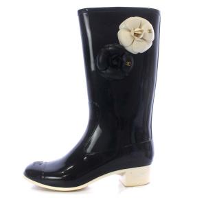 CHANEL レインブーツ ミドル ハイヒール カメリア ココマーク ラバー 38 25cm 黒 ブラック G26648