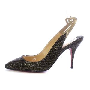 Christian Louboutin パンプス ピンヒール ポインテッドトゥ ストラップ ラメ 37.5 24.5cm 黒 ブラック ゴールド色