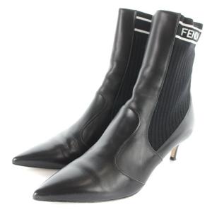 FENDI ロココ ソックスブーツ ショート 切替 レザー ピンヒール 38 25cm ブラック