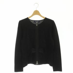 ニット カーディガン ジャケット 長袖 ダブルジップ リボン クルーネック 40 黒 ブラック