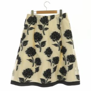M'S GRACY タックスカート フレア 膝丈 花柄 40 ライトベージュ 黒 ブラック