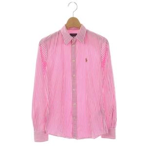 SLIM FIT ロゴ刺繍 ストライプシャツ 長袖 ストレッチ 2 ピンク 白 ホワイト