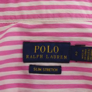 POLO RALPH LAUREN SLIM FIT ロゴ刺繍 ストライプシャツ 長袖 ストレッチ 2 ピンク 白 ホワイト