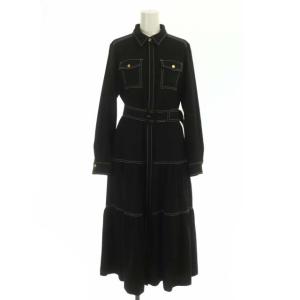 23SS バイカラーステッチワンピース シャツワンピ ロング 比翼仕立て ベルト付き 36 黒 白 ブラック ホワイト