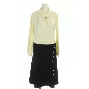 20SS パールニットワンピース ボウタイ 長袖 ロング ウール混 1 オフホワイト 黒 ブラック