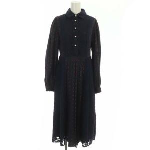 レースプリーツワンピース ドット 長袖 ロング パールボタン 0 紺 赤 ネイビー レッド