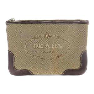 PRADA ポーチ 小物入れ レザー ロゴ キャンバス ベージュ 茶 ブラウン
